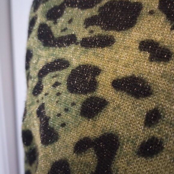 Awesome Green Black Animal Print Lurex Cardigan sz M Chiffon Ruffle Front - Picture 4 of 9